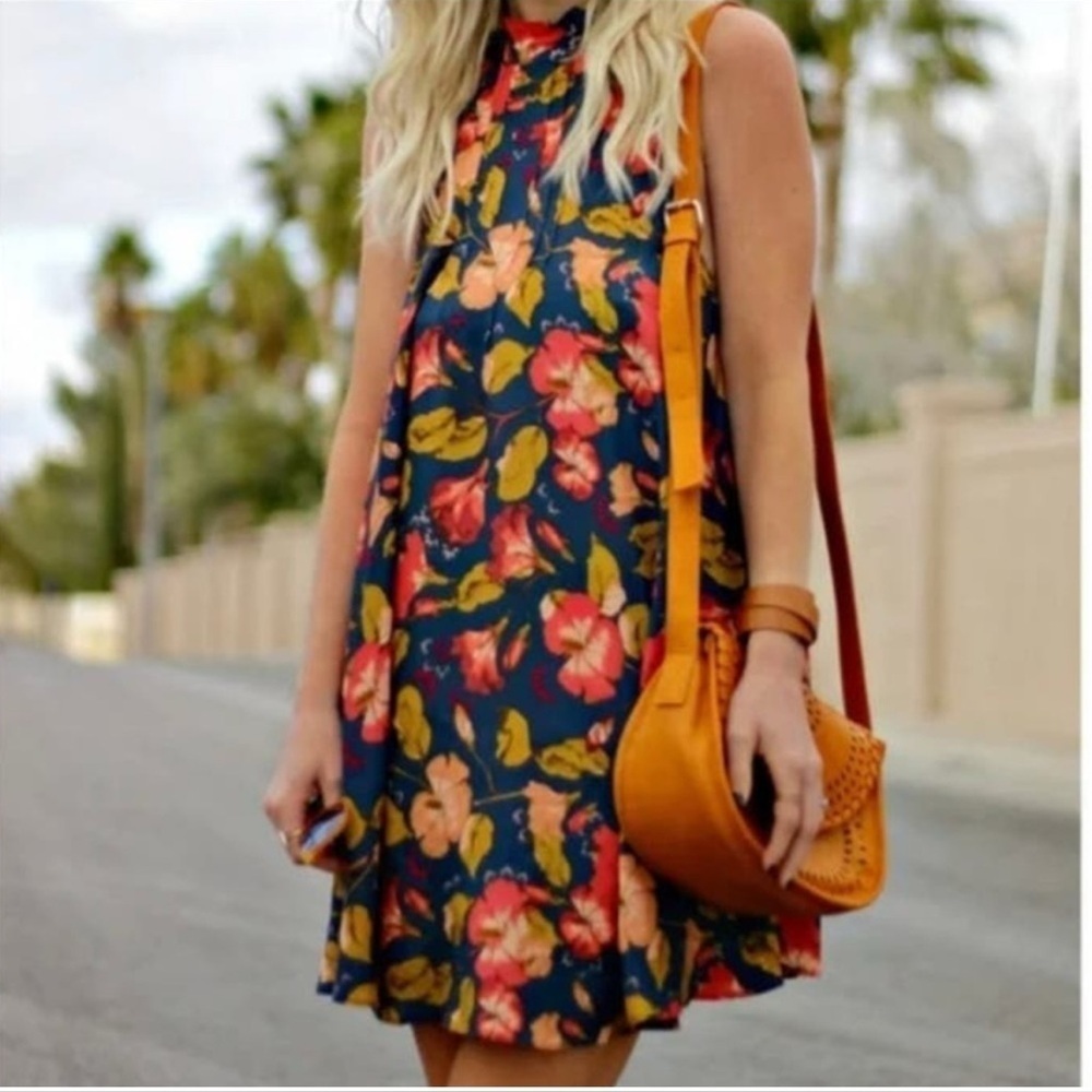 Free People Intimately Beaux MockNeck Blue Wildflower Orange Slip Mini Dress S